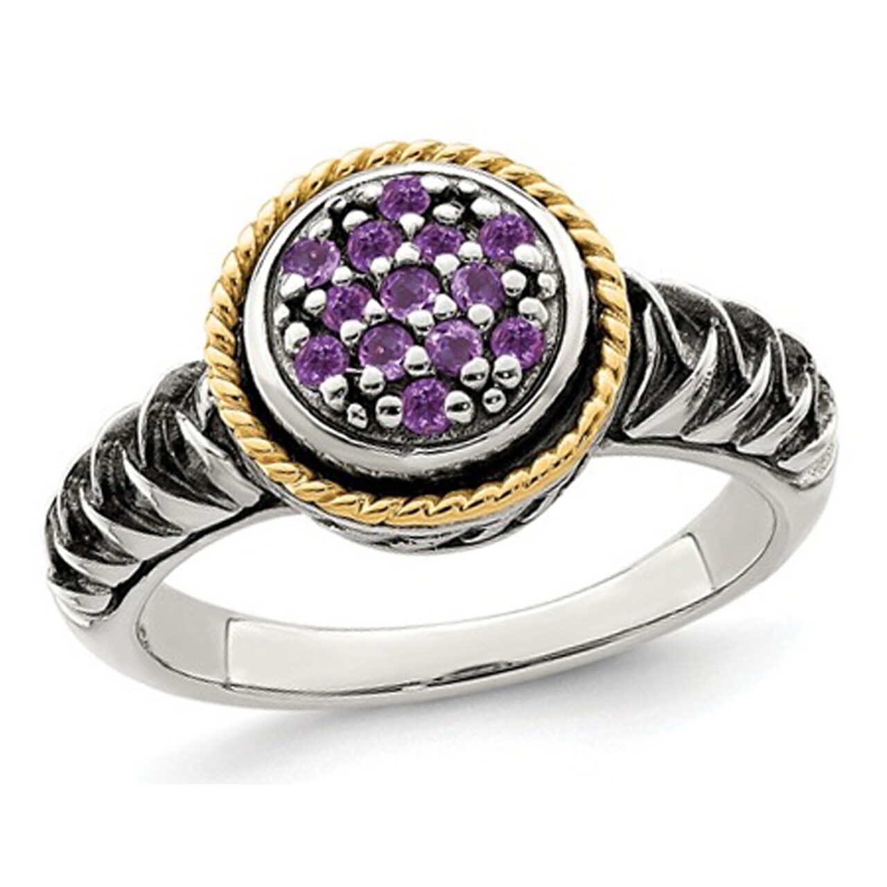 Gem And Harmony 1/4 Carat (ctw) Amethyst Cluster Ring in Sterling Silver with 14K Gold Accents